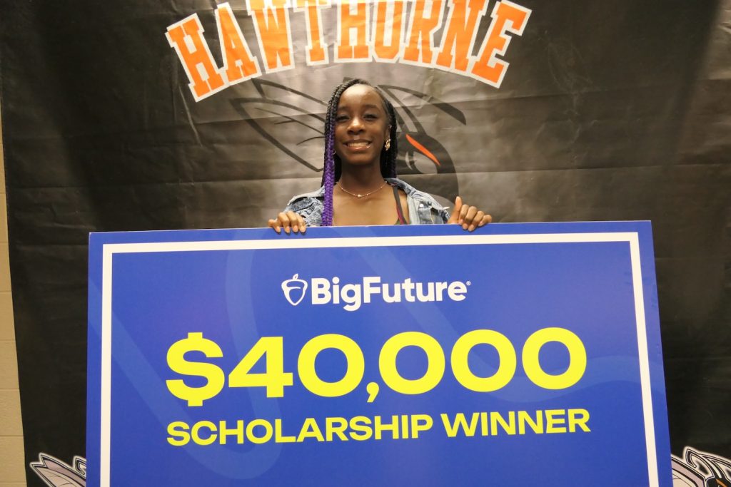 Melody Watson celebrating her College Board scholarship win at Hawthorne Middle/High School