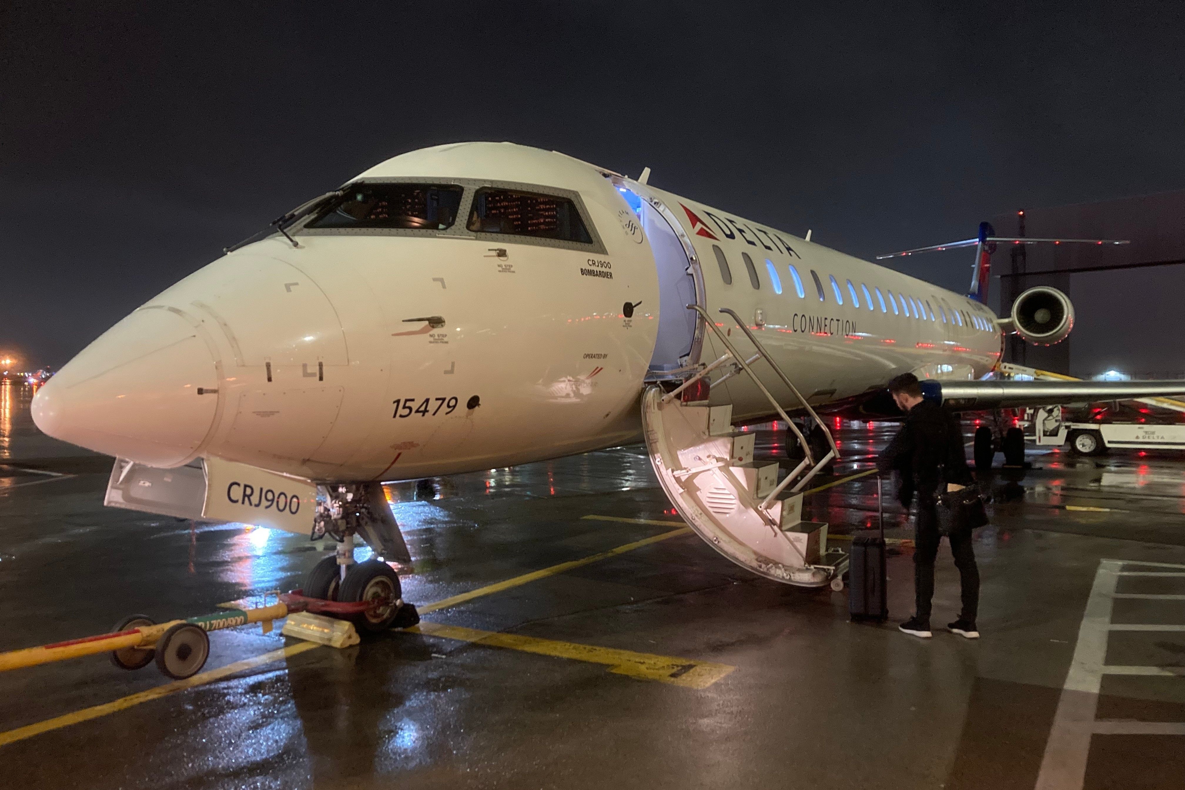 KLM Boeing 787 at the gate following flight cancellations