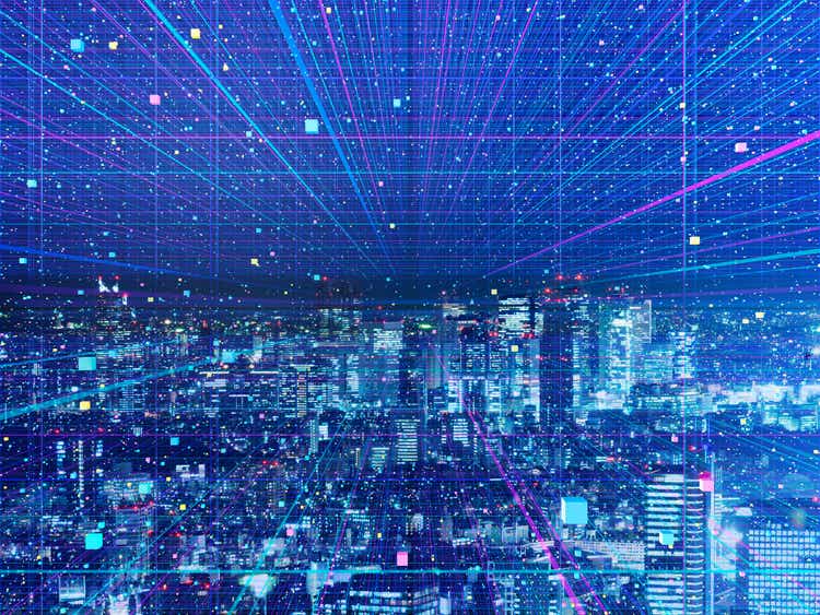 Verisk office headquarters with a data analytics dashboard overlay
