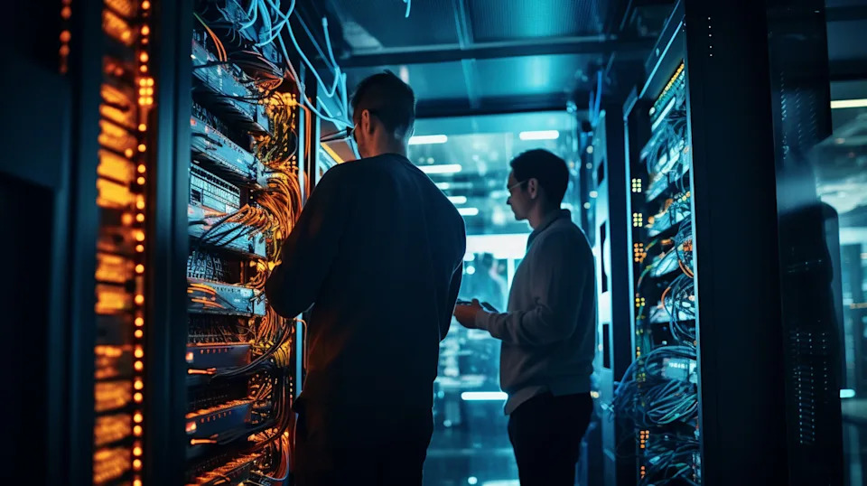 SMCI technicians managing AI-optimized servers in a data center