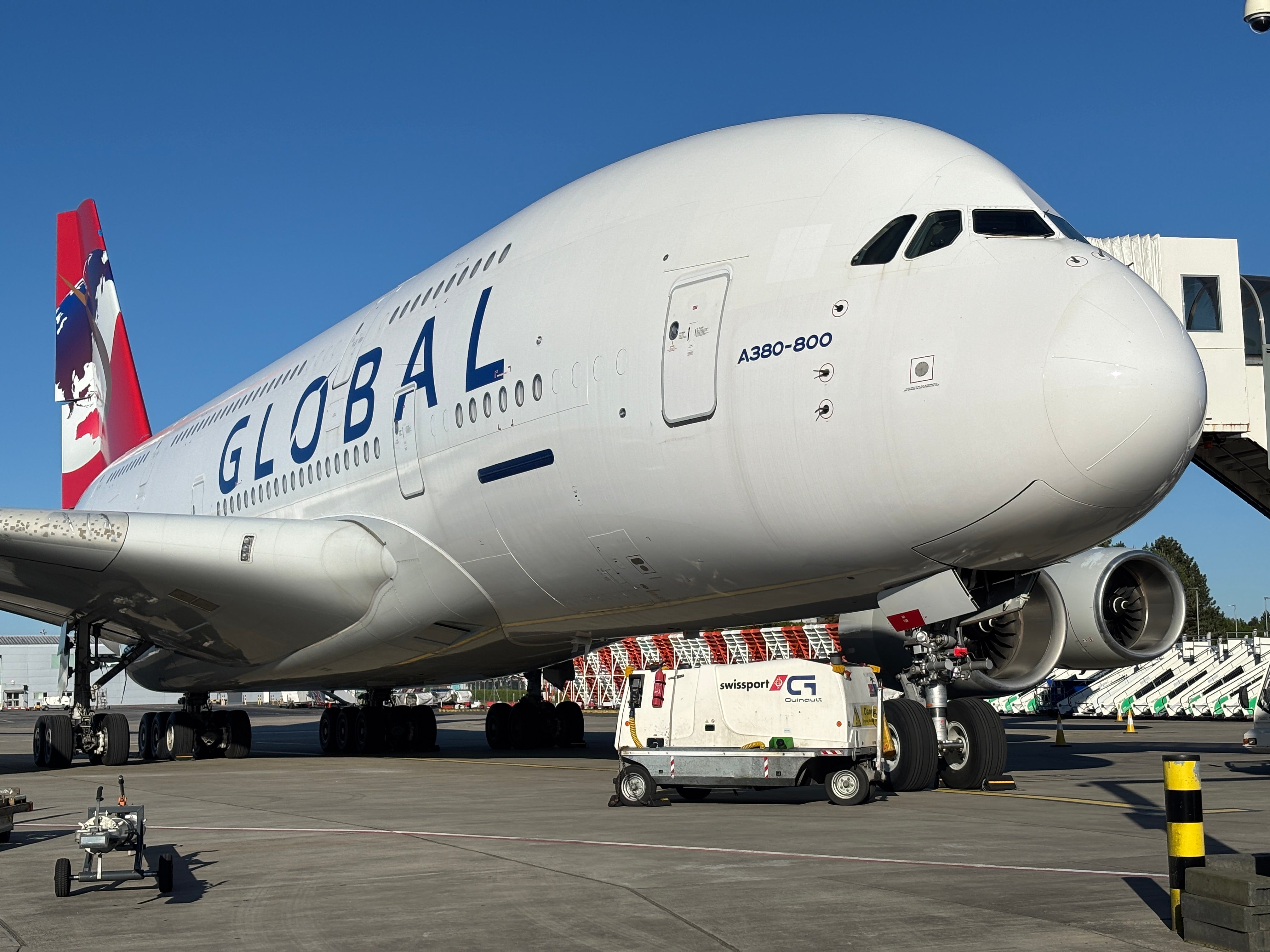 Global Airlines Airbus A380 at Glasgow Airport before JFK flight
