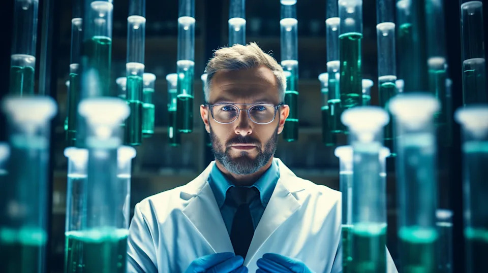 A scientist works in a modern lab, symbolizing biotech innovation and MRNA stock performance.
